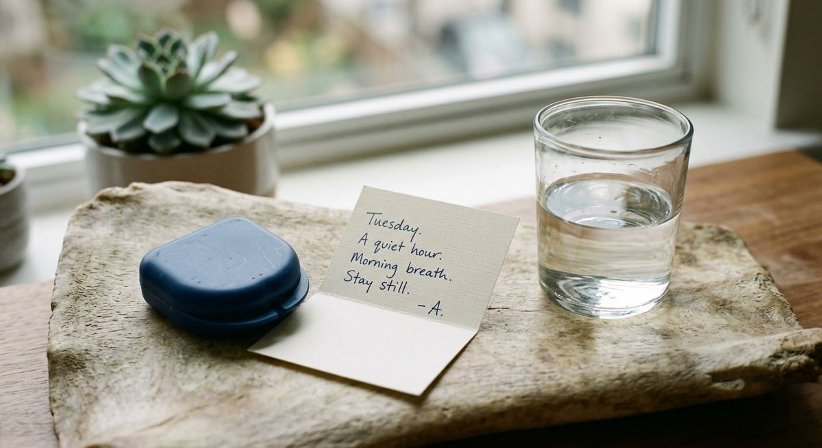 A retainer case, a handwritten note and a glass of water on a windowsill