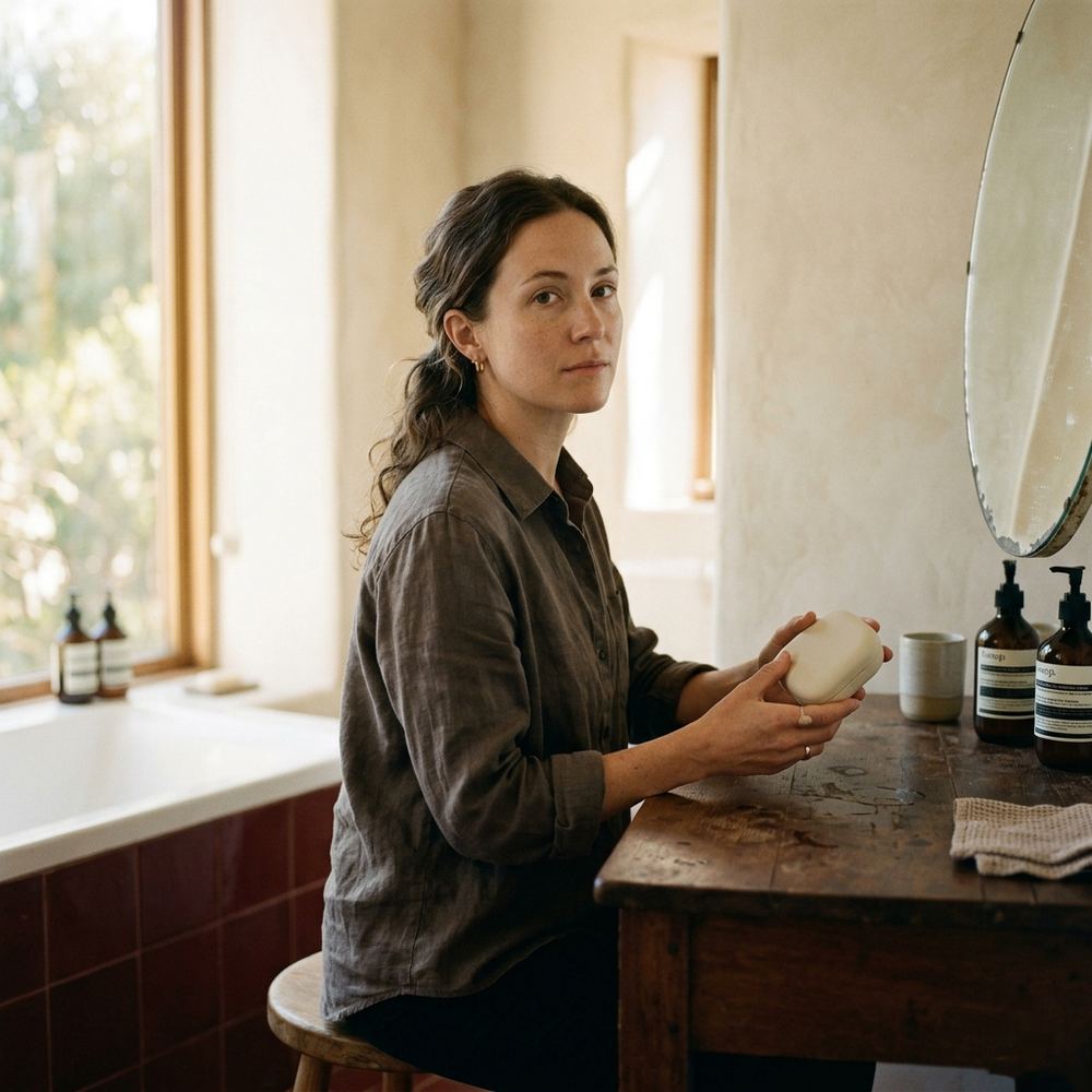 A woman in a calm, sunlit bathroom