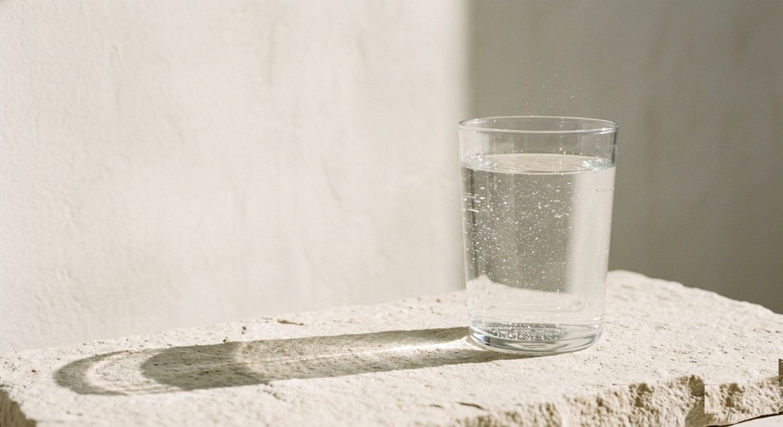 A glass of water in hard light with fine particles suspended