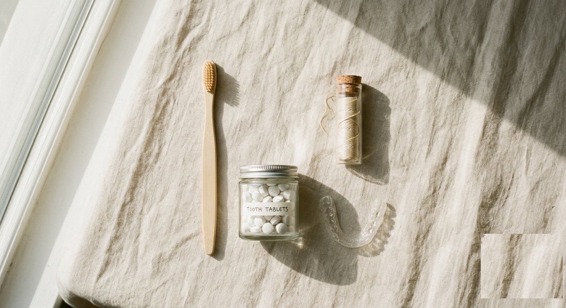 Plastic-free dental flat-lay: bamboo toothbrush, tooth tablets in a glass jar, plant-fibre floss and a clear retainer on linen