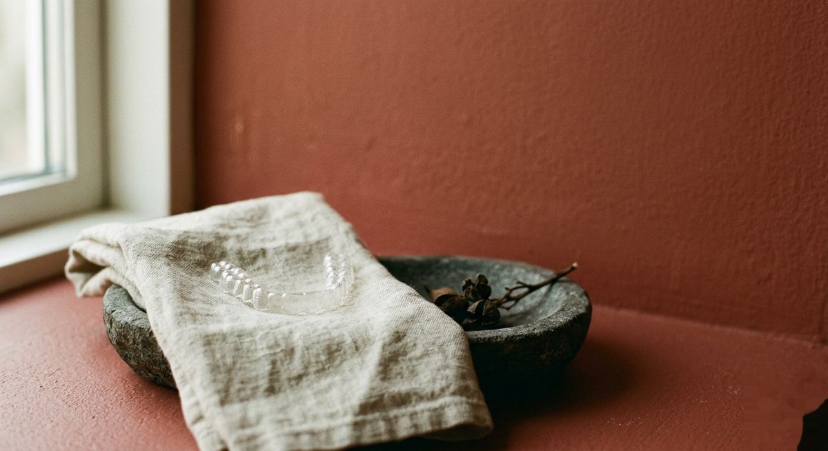 A clear bio. retainer resting on linen in a stone dish