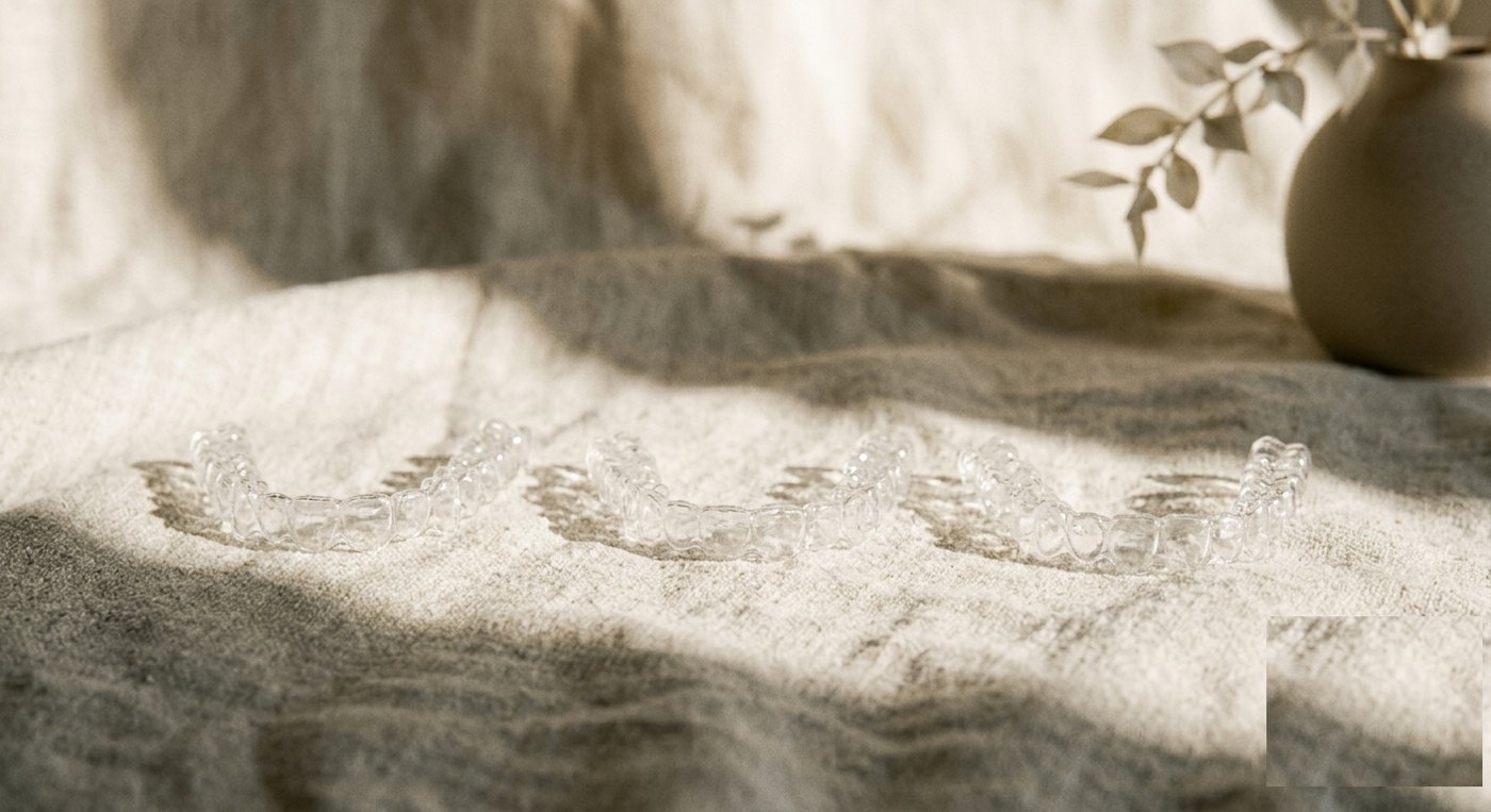 A sequence of three clear bio.aligners on warm linen in afternoon light