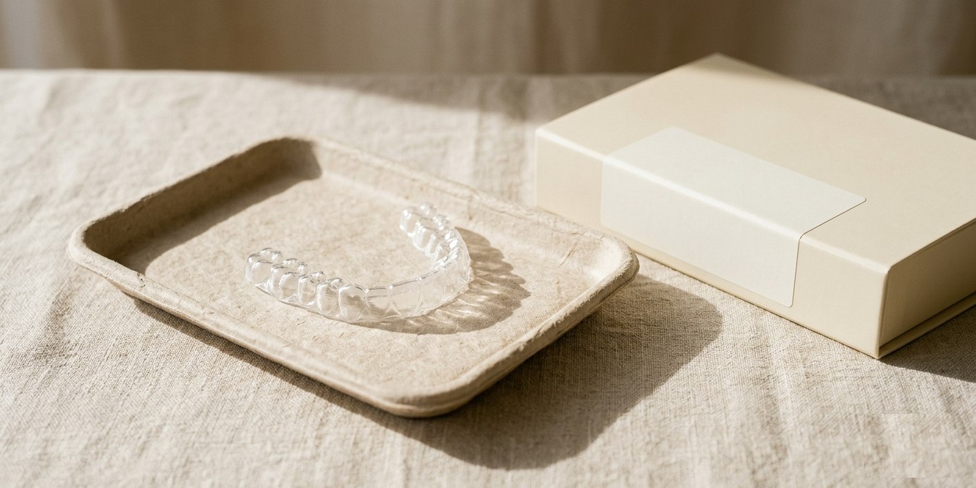 bio. clear retainer resting in a moulded paper-pulp tray beside its cream box