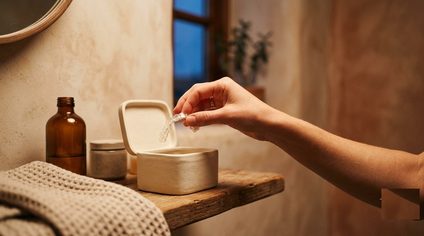 A hand lifting a clear bio. retainer from its box on a bathroom shelf at dusk