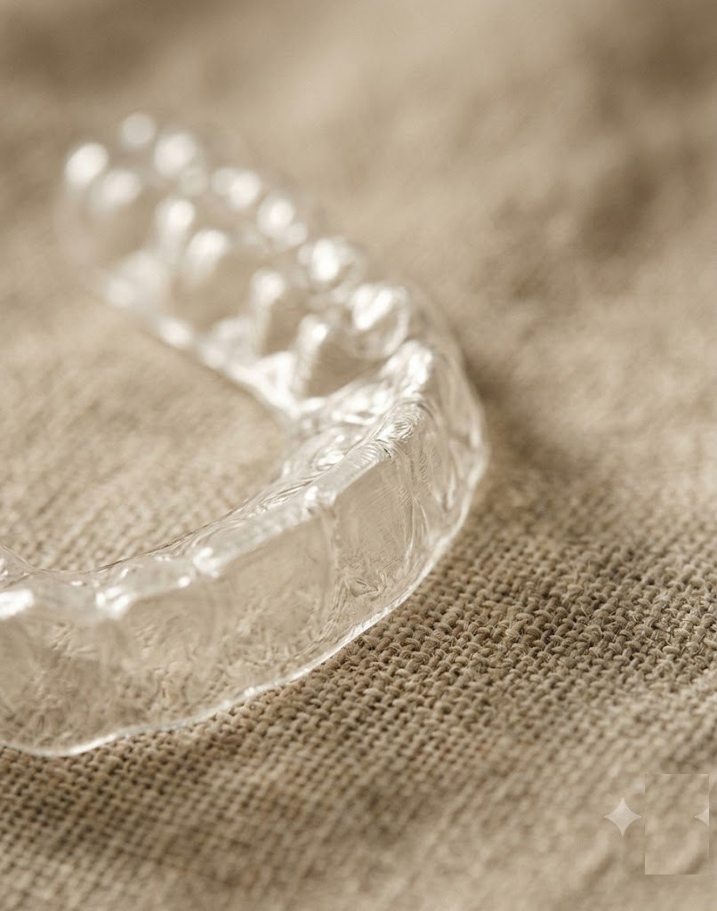 Macro detail of a clear bio. retainer edge on warm linen