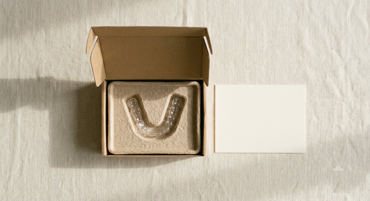 What arrives: bio. retainer in its moulded pulp tray inside the kraft box, with card