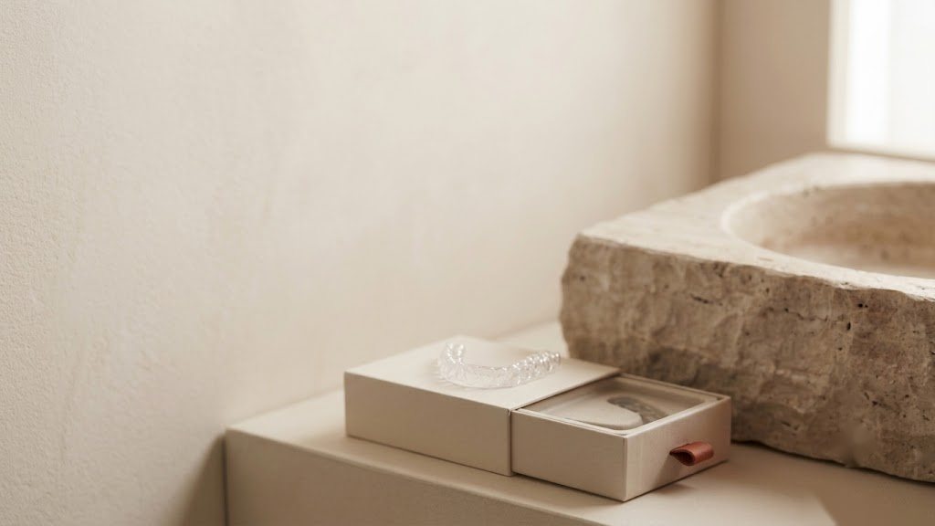 bio. retainer box on a bathroom shelf