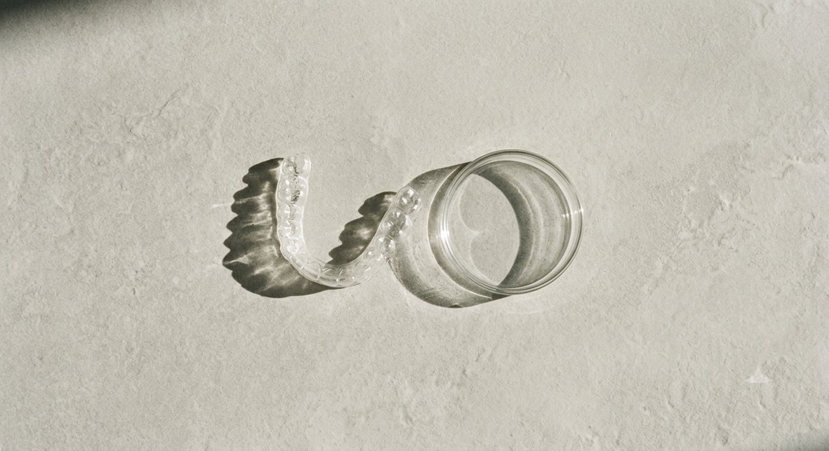 A clear retainer beside an empty glass dish in hard light — the bio. Standard